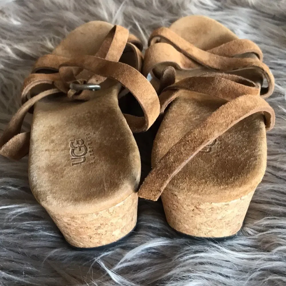 UGG Strappy leather sandals wedge heel 7 brown